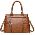 Brown textured PU leather tote bag with multiple zip pockets and adjustable shoulder strap - Yellow