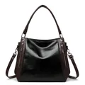 Grand sac cabas rétro en cuir noir brillant avec poignées marron pour femme au bureau - Noir
