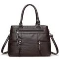 Deep brown faux leather tote bag with multiple front zippers and a shoulder strap - Brown