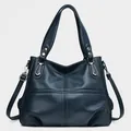 Deep blue lychee pattern leather tote bag with silver hardware and adjustable strap - Blue