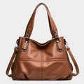 Dark brown lychee texture tote bag with cross stitching and detachable shoulder strap - Brown
