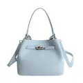Sky blue bucket bag with leather texture and classic metal buckle strap for women - Blue (Without Charm)