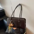 Deep brown oil wax leather shoulder bag with vintage bear pendant and glossy finish - Without Pendant / Coffee