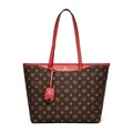 Large vintage brown monogram tote bag with vibrant red leather handles and gold logo details - Red