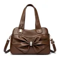 Dark brown textured leather handbag with elegant rhinestone bow and detachable strap - Coffee