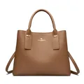 Dark brown pebble leather tote bag with gold logo and detachable shoulder strap - Brown