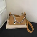 Caramel faux leather crescent underarm bag with thick silver chain and wide strap - Milky Apricot