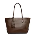 Dark brown tote bag with litchi grain leather texture and vintage shoulder straps - Coffee