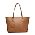 Brown soft leather tote bag with embossed kangaroo logo tag and spacious design - Brown