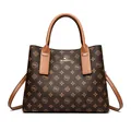 Brown monogram printed large tote bag with top handles and detachable shoulder strap - Khaki