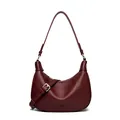 Bolso media luna de cuero burdeos con grano de lichi y hebilla de metal plateado - Rojo