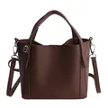 Dark brown lychee pattern bucket bag with silver metal hooks and hand straps - Simple Style / Brown