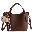 Dark brown lychee pattern bucket bag with a cute bear charm and detachable strap - With Bear Charm / Brown