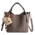 Gray-brown lychee leather bucket bag with a cute bear charm and adjustable strap - With Bear Charm / Gray
