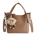 Brown litchi grain bucket bag with dog charm and adjustable shoulder strap - With Bear Charm / Khaki