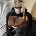 Vintage brown leather and suede crossbody pillow bag with gold chain accent and strap - Suede Coffee Without Pendant