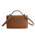 Brown woven texture handbag with silver hardware and detachable shoulder strap - Brown