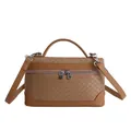 Brown woven leather satchel bag with top handle and adjustable shoulder strap - Khaki
