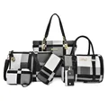 Set da 6 borse con motivo a quadri bianco e nero, include borsa a mano e tracolla - Tote Boston Tracolla Portafoglio Borsetta E Portachiavi / Nero