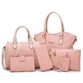 Set de 6 bolsos beige para mujer con estampados de corazones rojos y asas rosas - Rosa