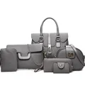 Graues 6-teiliges Damen Handtaschen Set mit Shopper, Umhängetasche und Geldbörsen Gold Details - Grau