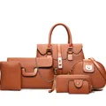 Braunes 6-teiliges Handtaschen-Set mit Steppmuster, inklusive Shopper und Umhängetaschen - Gelbbraun