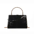 Chic black marble print hard shell box bag with golden bamboo handle and chain strap - Black