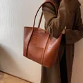 Brown faux crocodile leather tote bag with long straps for women's shoulder wear - Brown