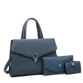 Set di tre borse blu navy in pelle testurizzata con fibbia in metallo e tracolla - Set da 3 Pezzi Motivo Litchi (Borsa, Portafoglio, Porta Carte) / Blu