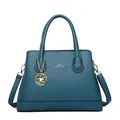 Large capacity dark teal leather tote bag with gold rose charm and adjustable shoulder strap - Blue Single Bag
