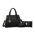 Three-piece black tote bag set with pebble texture and rose pearl pendant detail - Black Set