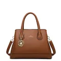 Brown lychee leather tote bag with gold hardware and flower pendant for women - Brown Single Bag