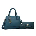 Three-piece dark teal faux leather tote bag set including handbag, pouch and wallet - Blue Set