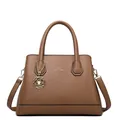 Brown litchi leather tote bag with gold hardware and a floral charm pendant - Khaki Single Bag