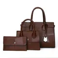 Three-piece dark brown patchwork tote bag set with handbag and clutch on white background - Three-Piece Set / Coffee