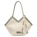 Dames tote bag van gebroken wit corduroy met groene lederen bies en schouderbanden - Groen