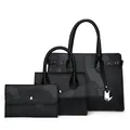 Three-piece black tote bag set with geometric patchwork and metallic charms for women - Three-Piece Set / Black