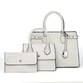 Three-piece beige patchwork tote bag set with silver hardware and black edge paint - Three-Piece Set / Off White