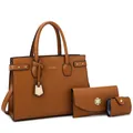Set borsa tote in pelle marrone con portafoglio e ciondolo a fiori con perle - Marrone Set (6228#)