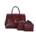 Three-piece large capacity vintage burgundy tote bag set with textured leather for women - Set (3pcs) / Burgundy