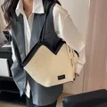 Large beige pleated canvas tote bag with black leather straps and fashion label - Off White