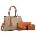 Three-piece women handbag set in khaki and brown textured leather with golden hardware - Khaki Set