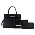 Three-piece black leather tote bag set with crocodile pattern and silver metal hardware - Top Handle Bag And Envelope Bag And Wallet / Black