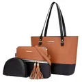 Ensemble 3 pièces de sacs à main femme bicolores marron et noir avec détail pompon - Calicot