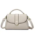 Beige faux leather handbag with gold round buckle and detachable shoulder strap - Light Gray