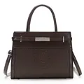Deep brown faux leather tote with python embossed texture and silver metal buckle - Single Bag / Coffee