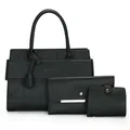 Three-piece dark green tote bag set with geometric texture and silver hardware details - Black (Handbag With Clutch And Wallet)