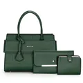 Detailed view of dark green tote bag set with matching wallet and envelope clutch bag - Green (Handbag With Clutch And Wallet)