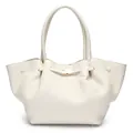 Minimalist cream-white wing tote bag in litchi grain leather with gold buckle detail - White