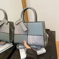 Gray-blue patchwork handbag with crocodile pattern and detachable shoulder strap - Gray